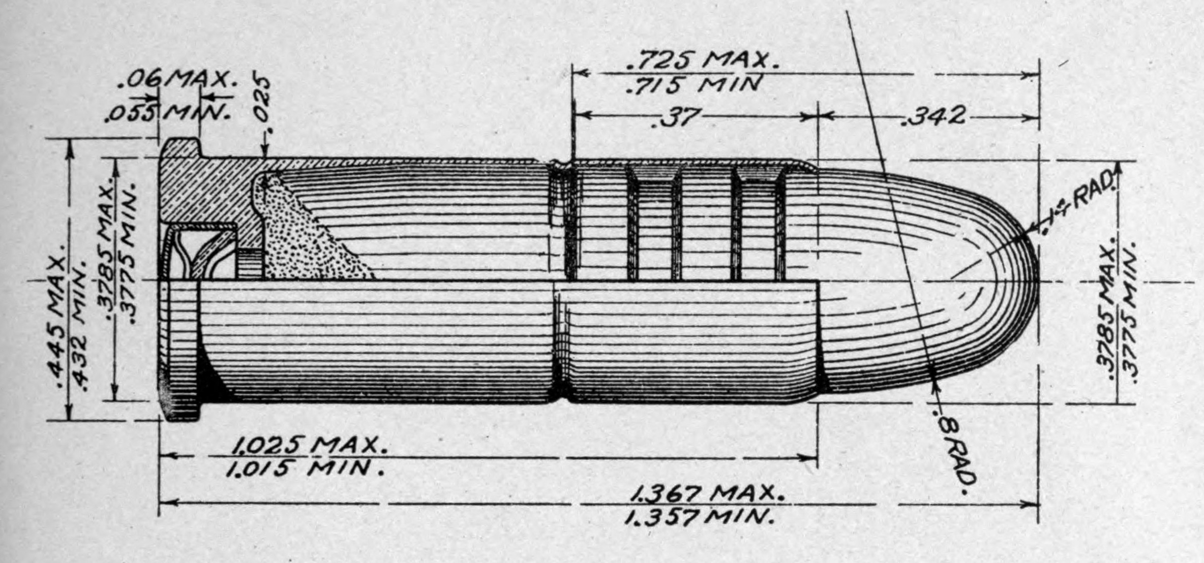 .44 Long Colt cartridge dimensions diagram