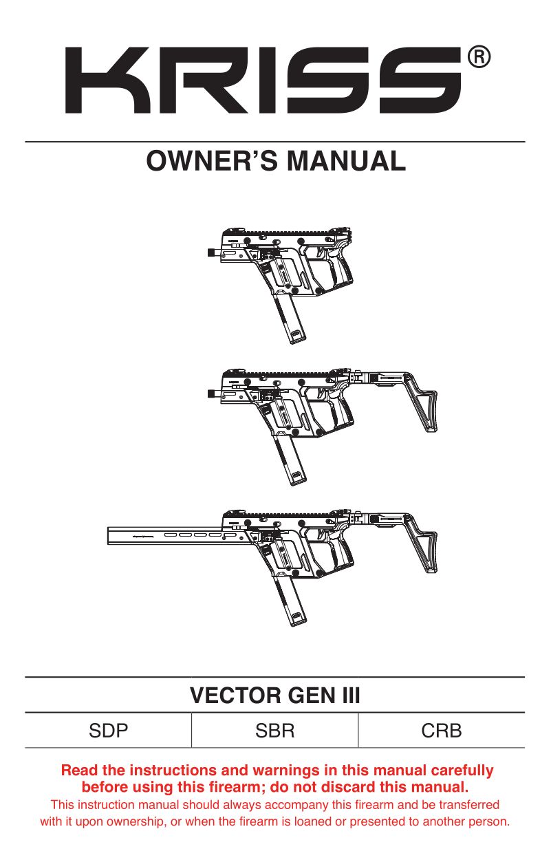 KRISS USA Vector Gen II 9mm Carbine — manual cover
