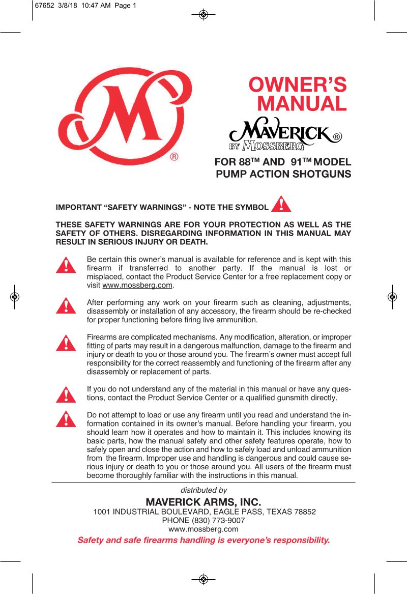 Mossberg Maverick 88 Deer 12 Gauge — manual cover