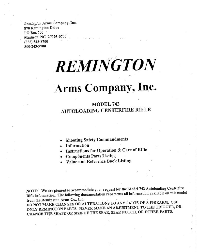 Remington Model 742 Woodsmaster .30-06 Sprg 22-inch — manual cover
