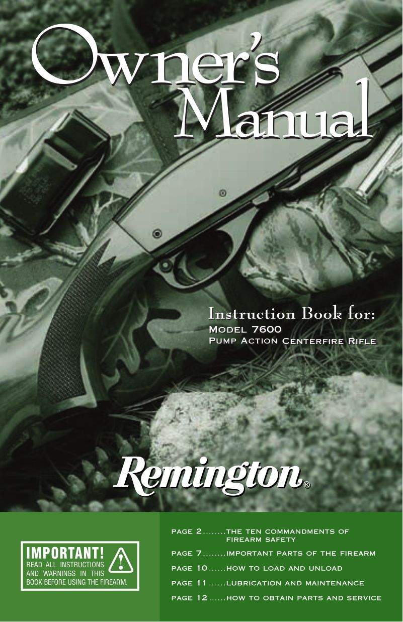 Remington Model 7600 .30-06 Sprg 22-inch — manual cover