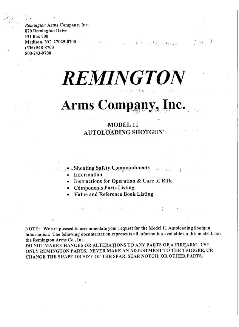 Remington Model 11 12 Gauge — manual cover
