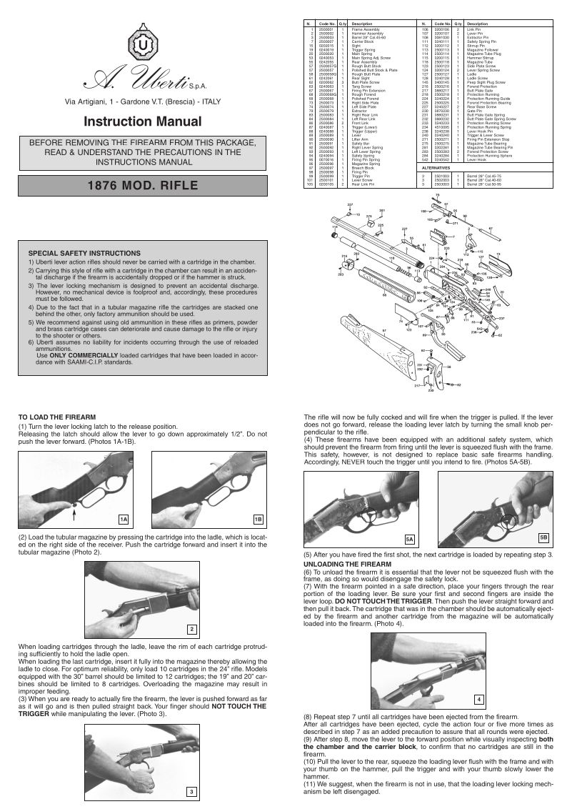 Uberti 1876 Centennial Rifle 50-95 Win — manual cover