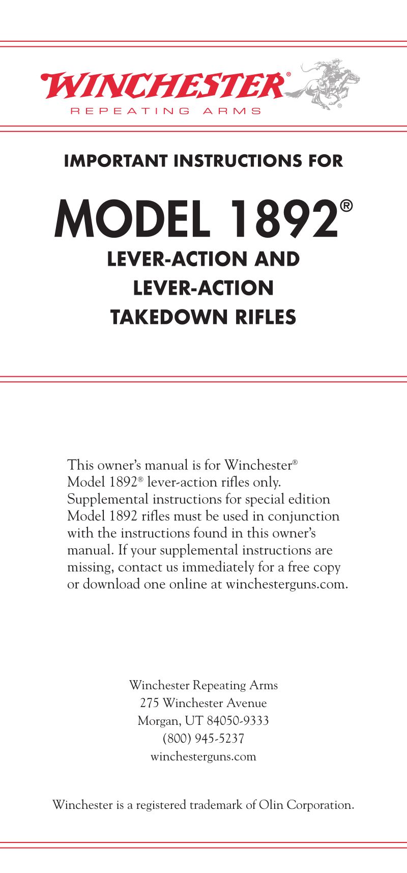 Winchester Repeating Arms Model 1892 Carbine .357 Mag — manual cover