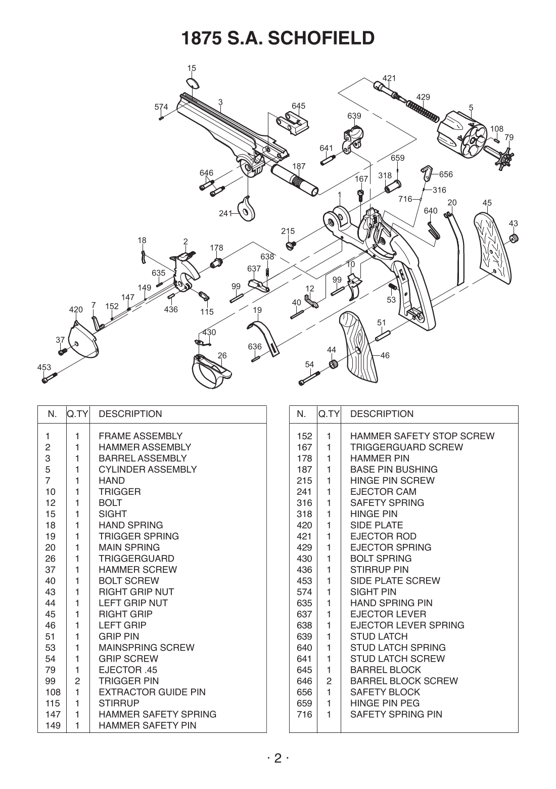 Uberti Schofield 45 Colt 7-inch — parts schematic